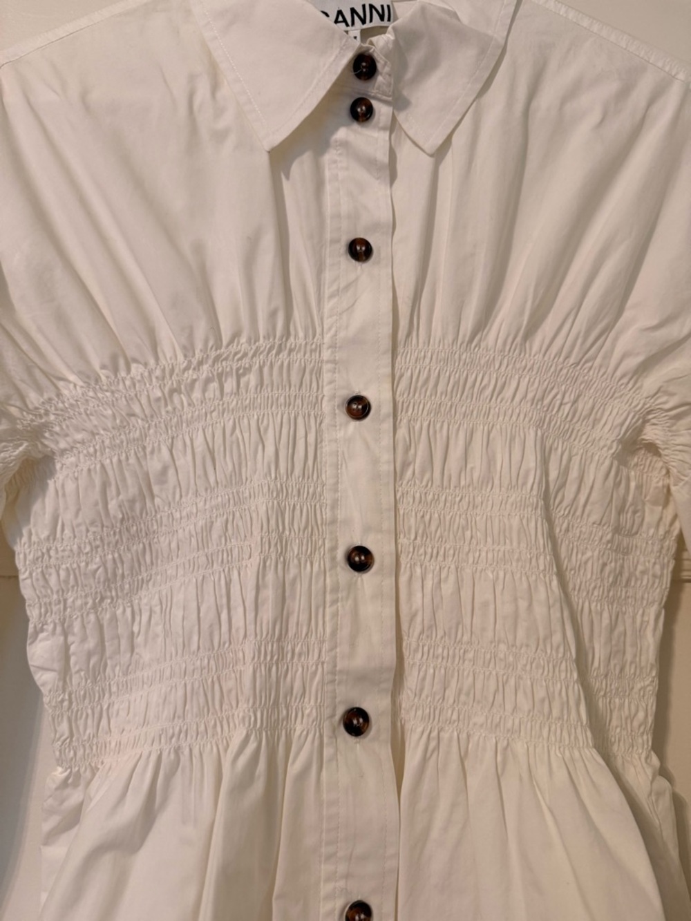 GANNI Shirred Cotton Poplin Blouse in White - Picture 6 of 13